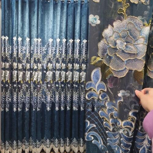 European Chenille Curtains for Living Room Embroidered Velvet Curtain Blue Curtains for Beroom Tulle