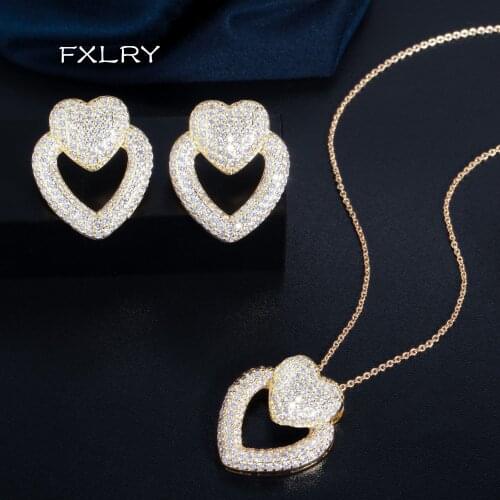 FXLRY High Quality Micro Pave Cubic Zirconia Double Heart Shape Red Necklace Earring Women Party Jewelry Sets
