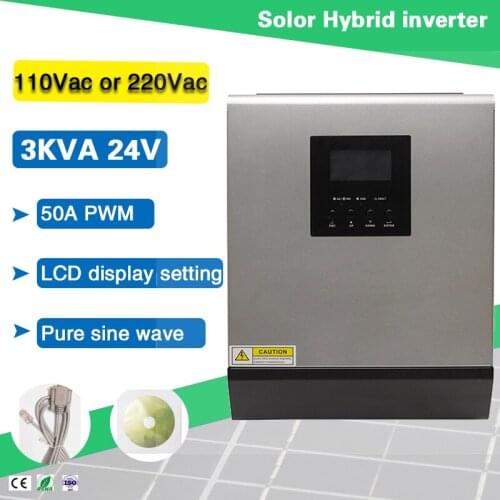 3000VA 24VDC 220VAC 110V 220VAC Pure Sine Wave Hybrid Off Grid Solar Inverter Build in 50A PWM Solar Charger Controller