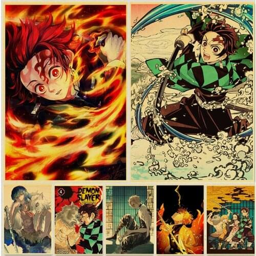 Currently The Most Popular Anime Vintage Poster Kimetsu Character Tanjirou Kraft Paper Sticker Home Decor Art Wall Painting