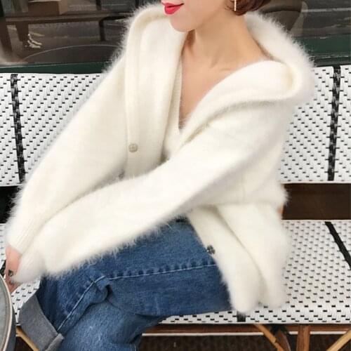 Hooded Classical Knitted Pure Genuine Mink Cashmere Sweater Coat Natural 2019 Soft Winter Autumn Cardigans with hood tbsr337