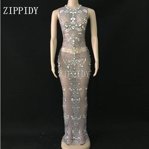 2019 Shining Stones Top Skirt Set Stretch Dress Party Women Singer Nightclub Dance Shinning Dress 2-piece Skinny Dress