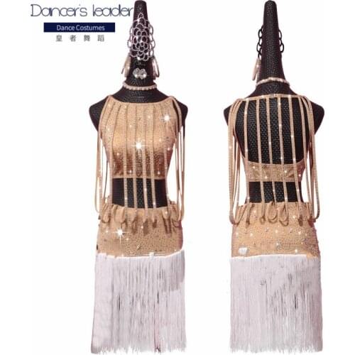 New Latin dance complexion chain competition costume performance costume performance suit nude full body flash diamond tassel sk