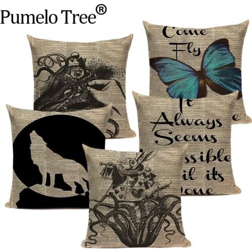 Nordic style linen pillows retro Butterfly dog Throw Pillows Square Home Sofa Decor one side Printed Pillow Cover custom