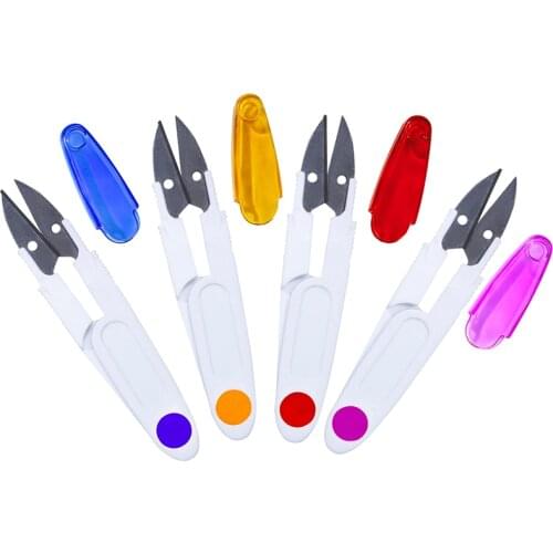 MIUSIE 1Pcs Yarn Shear Plastic Handle Safety Cover Sewing Scissors Thread Embroidery Cutter Portable Cutter Mini Spring U Shape