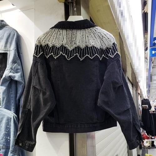 Fashion Shoulder Beading Diamonds Denim Jacket Coat Women Chaquetas Mujer Holes Slim Outerwear Black Blue Jeans Jackets Female
