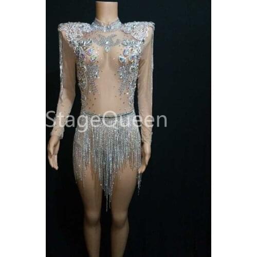 Fashion Shining Big Crystals Mesh Bodysuit Sparkly Rhinestones Chains Fringes Outfit Nightclub Party Wear See Through DS Costume