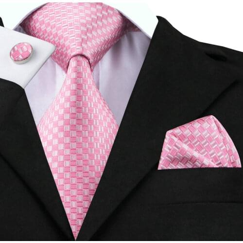 SN-448 Pink White Plaid Tie Hanky Cufflinks Sets Mens 100% Silk Ties for men Formal Wedding Party Groom
