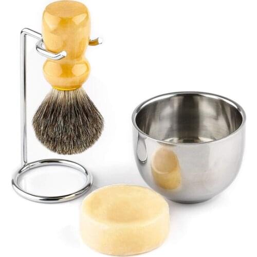 4in1 Shaving Brush Set Fine Badger Shave Brush Wood Handle + Stainless Steel Shaving Stand + Soap Cup + Soap for Men Wet Shave