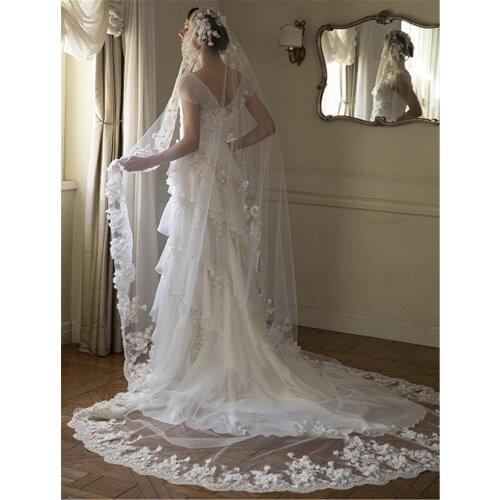 New Elegant Bridal Veil One Layer White/Ivory/Champagne Blusher Velos de Noiva Beads Lace 3D Flowers Wedding Veil Long 3/4/5 M