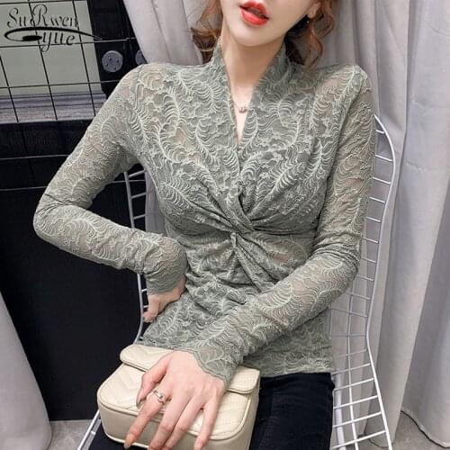 2021 Spring and Autumn New Hollow Lace Shirts Long Sleeve Tops Female Vintage Cross Sexy V-neck Lace Bottoming Shirt Chic 10634