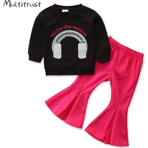 2020 Autumn Toddler Baby Girls Fall Clothes Long Sleeve Rainbow T-Shirt Tops + Flared Pants 2Pcs Casual Outfits Set