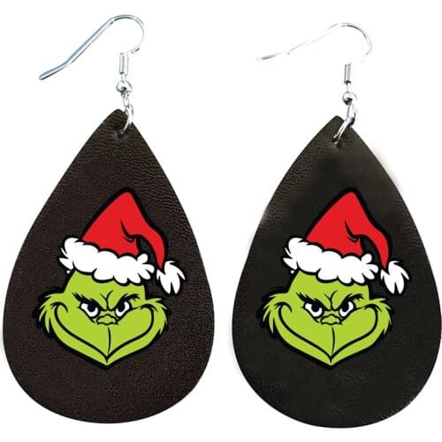 Grinch Stole With Christmas Hat Print Heart Earrings Glitter Faux Leather Teardrop Leaf Stock