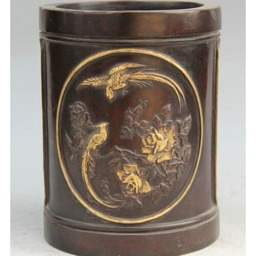 Song voge gem S2092 8 Marked Chinese Purple Bronze Gild phoenix Bird flower Brush Pot pencil vase