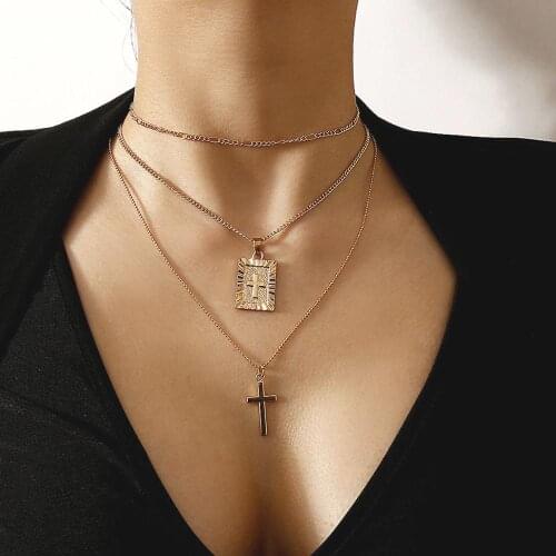 Retro Simple Thin Chain Necklace Womens Jewelry Geometric Square Tag Cross Pendant Necklace