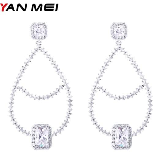 YAN MEI New Waterdrop Silver Color Dangle Earrings For Women Zircon Earring Jewelry GLE7015Y