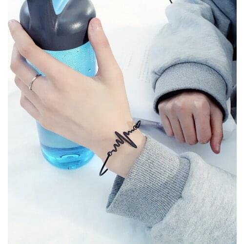 Special Designed Heartbeat Line Lightning Electrocardiogram Black Silver Plated Golden Couple Bangles For Women Men