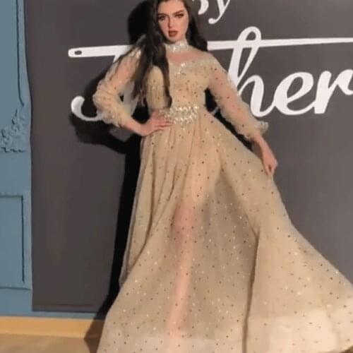 SuperKimJo Robe De Soiree High Neck Sparkly Prom Dresses Crystals Beaded Elegant Champagne Dubai Prom Gown Vestido De Fiesta