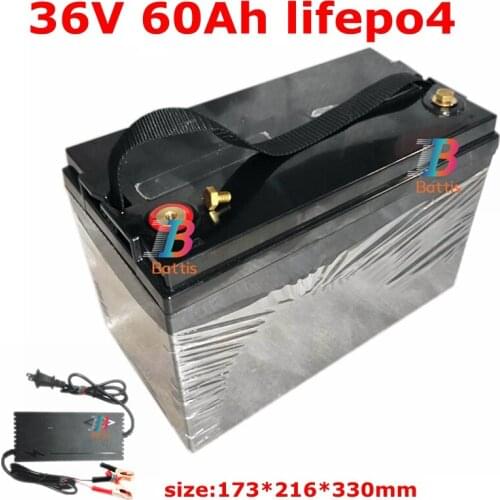Waterproof 36V 60AH Lifepo4 battery with BMS for 1500W scooter bike Tricycle Solar backup power golf cart +5A charger