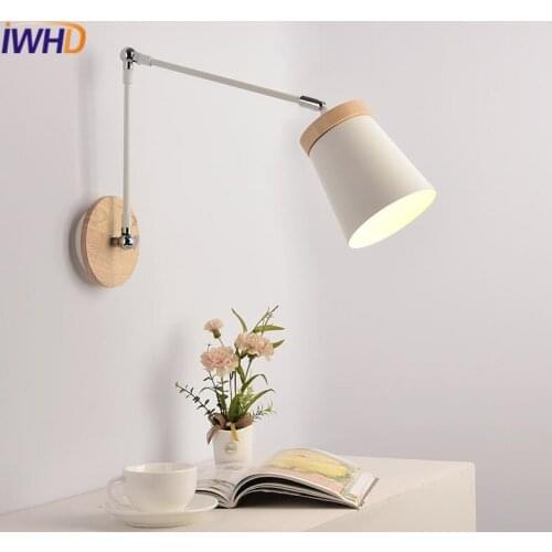 IWHD Iron Modern Led Wall Lamp Wood Adjustable Long Arm Sconce Wall Lights For Home Lighting Fixtures Bedroom Lamparas de Pared