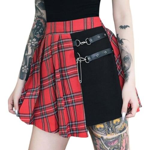Womens Mini Pleated Skirts, Gothic High Waist Plaid Print Irregular A-Line Short Skirts