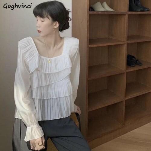 Women Blouses Plus Size 3XL Spliced Ruched Design Square Collar Lantern Sleeve Elegant Lady Korean Chiffon Shirts Chic Fashion