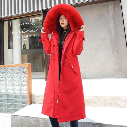 Womens Parkas Long Solid Hooded with Fur Detachable Cotton Liner Ladies Winter Jacket Zipper Embroidery Clothing for Female