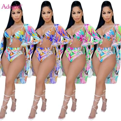 Adogirl Women Print Bikini 3 Piece Set Lace Up Bra Top High Waist Briefs Long Sleeve Cardigan Sexy Swimsuit Fashion Holiday Suit