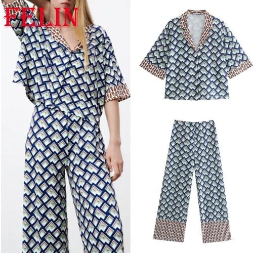 Za 2021 Women Chic Geometric Vintage Suits V Neck Geometric Print Loose Shirts and High Waist Wide Leg Pants Stylish Mujer Sets