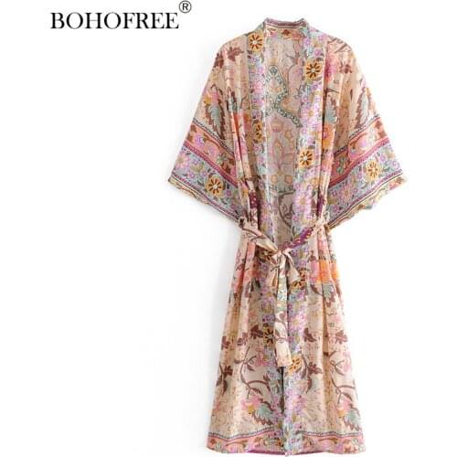 Boho women peacock print bat sleeve beach Bohemian Kimono robe Ladies V neck Tassel Summer happie dress vestidos