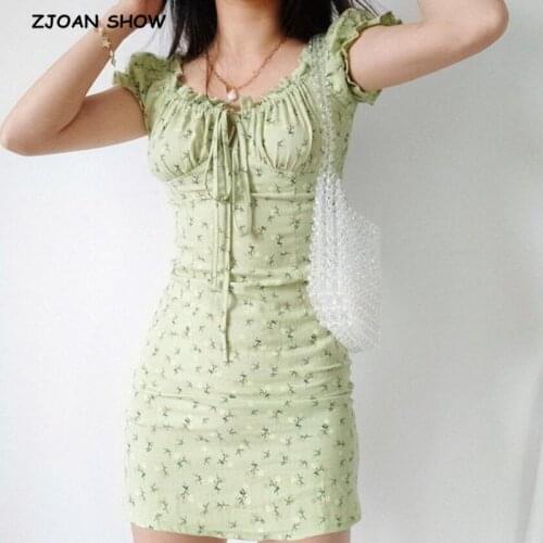 2021 Retro French Rope Bandage Collar Short Sleeve Floral Dress for Woman Elastic Ruched Back Slim fit Mini Dresses Holiday