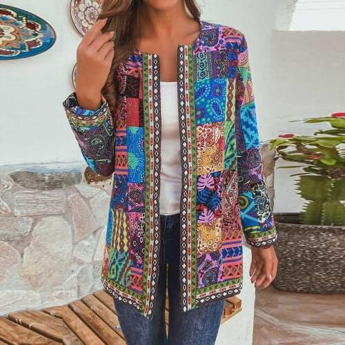 Autumn Women Vintage Ethnic Style Floral Print Long Sleeve Plus Size Cotton Jacket Coat Cotton Overcoat Loose Coat Woman Jacket