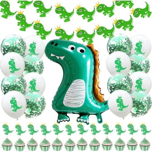 1set Catoon Green Dinosaur Balloons Banner Cake Stick Set DIY Latex Confetti Ballons Kids Birthday Party Baby Shower Decor