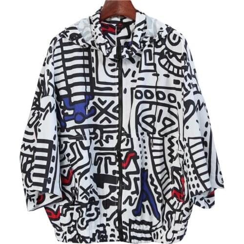 2019 Spring Fashion Jacket Womens New Designer Jackets Korean Black White Print Parker Loose Casual Hooded Ladies Top Outerwear