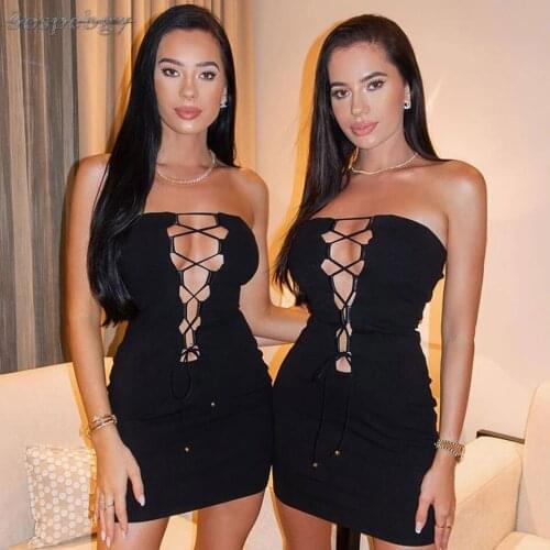2021New Summer Women Drawstring Hollow Out Strapless Bandage Dress Sexy Sleeveless Lace Up Celebrity Runway Club Party Dresses