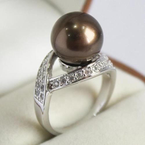 Free shipping >>>>>>- 12mm Brown Shell Pearl Ring AAA Grade 4size choose 08