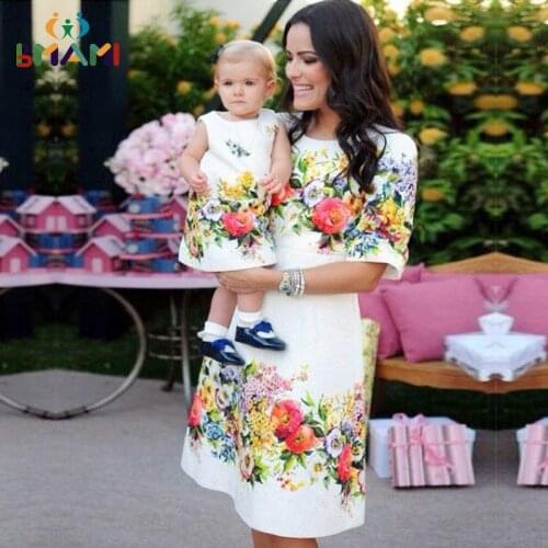 Floral Mother Daughter Dresses Family Matching Clothes Mama Mom Mother & Kids Family Look Half Sleeve A-Line Knee-length Dresses