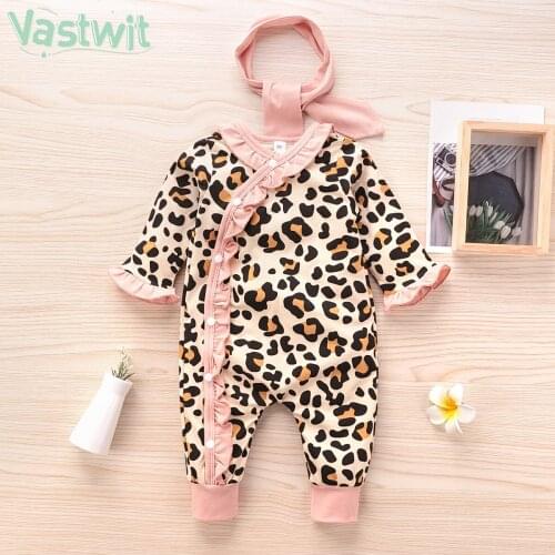 Baby Girls Romper Cotton Newborn Infant Baby Flare Sleeve Leopard Printed Jumpsuit Romper+Headband Newborn Baby Bodysuit Clothes