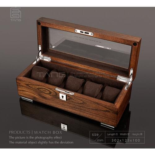 Tang 5 Slots Wood Watch Storage Boxes Case Mechanical Mens Watch Storage Case Lock Wooden Display Jewelry Gift Box W058