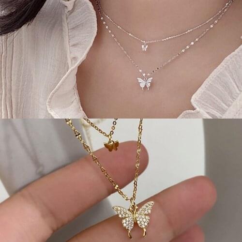 Multi-layer Gold Luxury Diamond Butterfly Necklaces For Women Teens Girls Layered Choker Chain Necklaces Fashion Jewelry