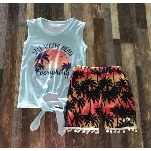 Newest Kids Clothes lovely Little girl sleeveless beach sunset knotted top coconut tree fur ball shorts set