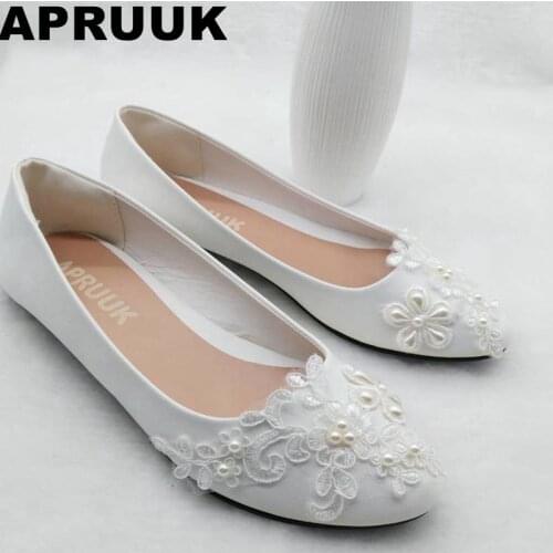 SALES PROMOTION! Lace pearls brides wedding shoes plus size round toes lady sweet bridesmaid flat heel bridal shoes