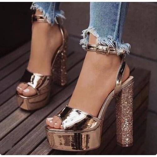 Sexy Gittering Chunky Heels Sandals Champagne Leather Ankle Strap High Platform Dress Shoes Cut-out Peep Toe Summer Shoes Women