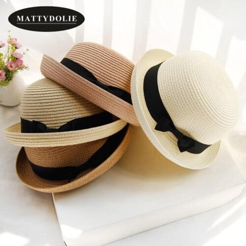 MATTYDOLIE Straw hat girl and boy summer hat bow tie ladies men fold beach sun hat parent-child couple hat