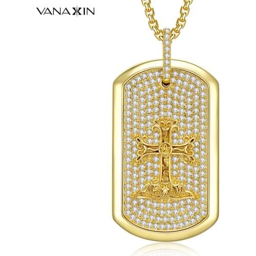 VANAXIN Hip Hop Square Christian Iced Out Bling CZ Cross Pendant Necklace for Men Women 14K Gold Plated Jewelry Gift