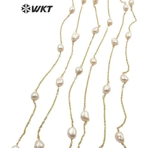 WT-RBC164 Best Selling Jewelry Chain Copper Chain With Clip Natural Freshwater Pearl Bead Gold Plated 10meters