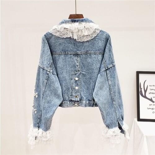 Autumn Women Denim Jacket High Street Long Sleeve Patchwork Lace Pearls Beading Tassel Luxury Outerwear Female Casual Coat New