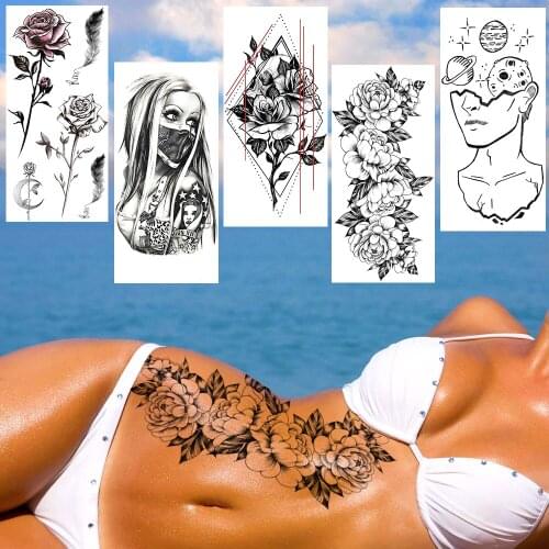 Womens Fashion Flower Temporary Tattoos Sticker For Party Holiday Waterproof Black Tattoos Fake Geometric Planets Tatoo Decal