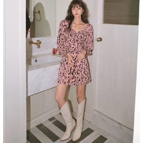 2021 Summer Drawstring Square Collar Dress Women Leopard Print Sexy Dresses Casual Janpanese Sweet Long Sleeve Mini Vestidos