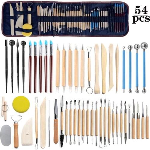 54pcs Clay Sculpting Tools Pottery Sculpture Modelling Carving Drill Pen Ceramics Arts Craft Wooden Handle Tools With Roller Bag